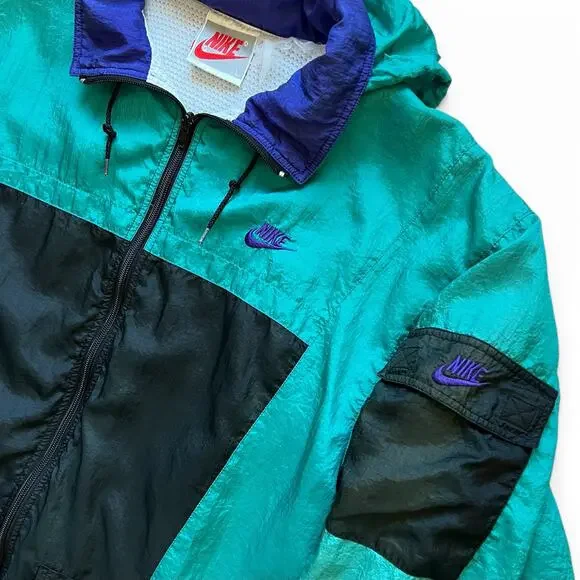 Vintage 90s Nike Windbreaker Parka Zip Jacket Green Purple